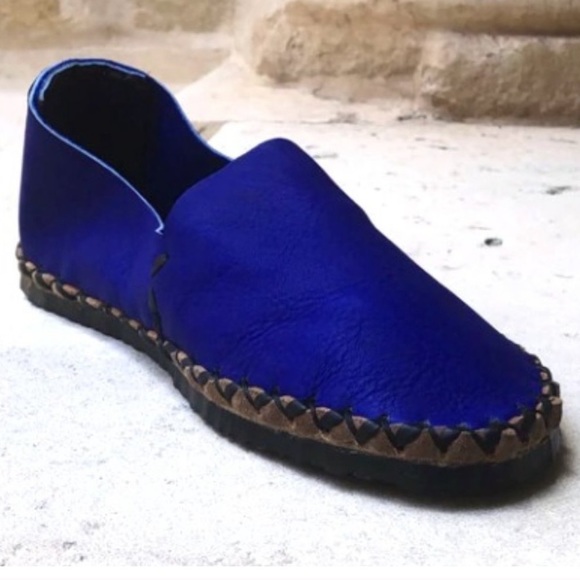 RICARDO MEDINA BEATRIZ VALENZUELA HANDMADE COBALT BLUE LEATHER ESPADRILLES SHOES - Picture 1 of 7